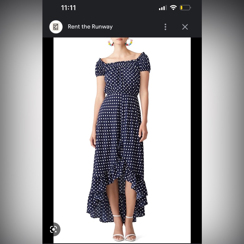 Slate and willow polka dot off the shoulder dress